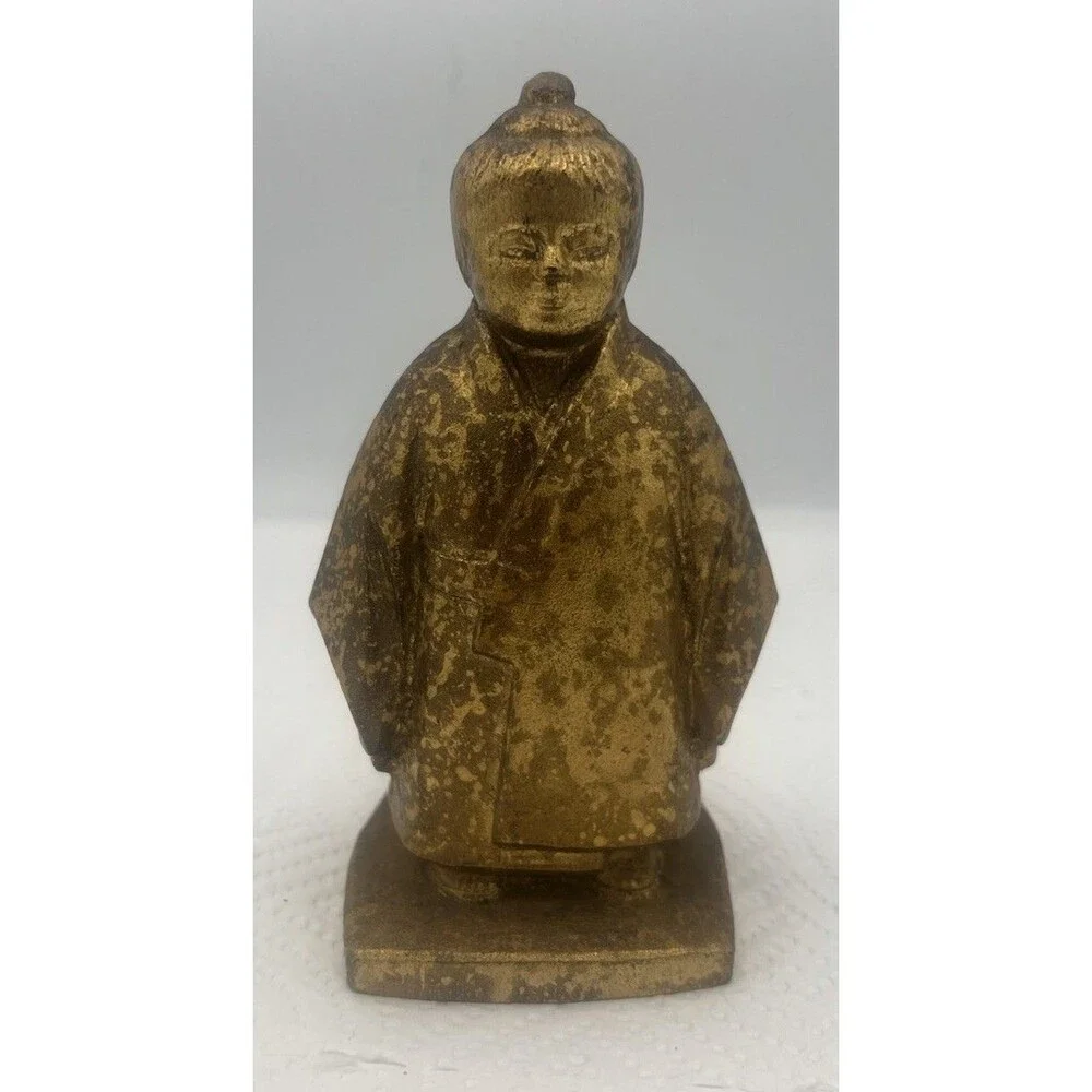 Vintage Japanese Okimono Selflessness Child Gilt Cast Iron Figurine Statue 6”